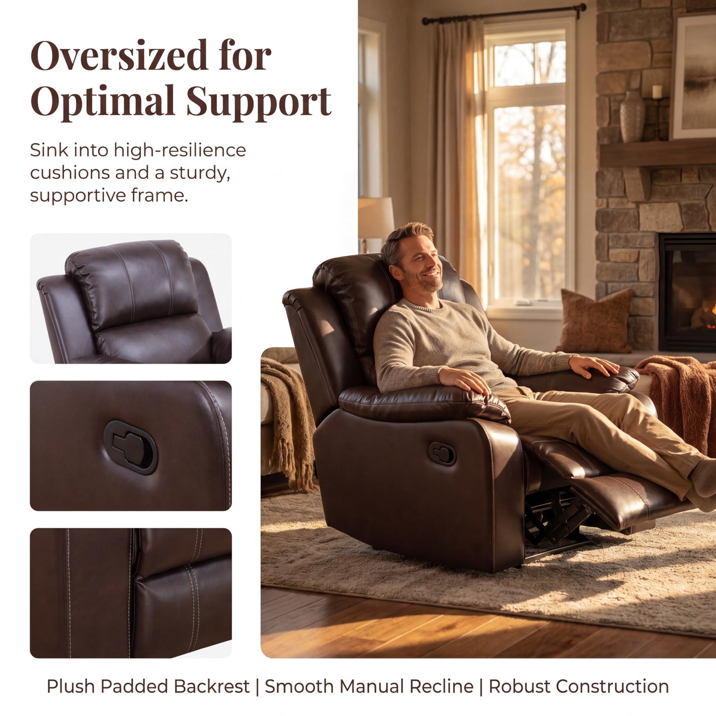 Trygoal Single Leather Manual Recliner Chair, Oversized Lazy Boy Recliner with Home Theater Seating, Breathable Living Room Reclining Chair for Adults Reading, Gaming, Relax, Brown