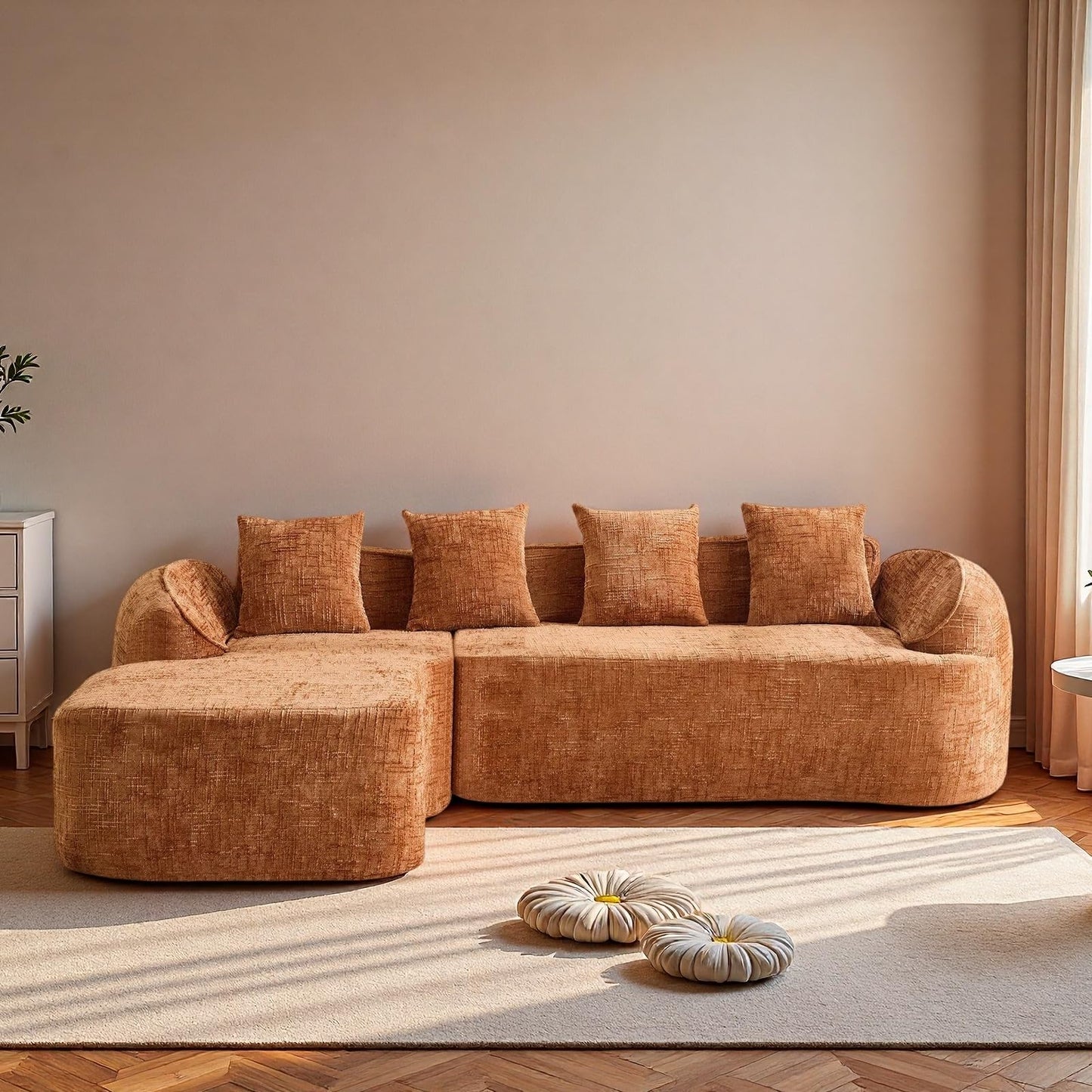 Trygoal L Shaped Compression Sofa, Modular Couch with Curved Armrests & 4 Coordinating Pillows, Modern 101'' Chenille 4 Seater Sofa with Wide Seat for Living Room, Bedroom, No Assembly, Orange