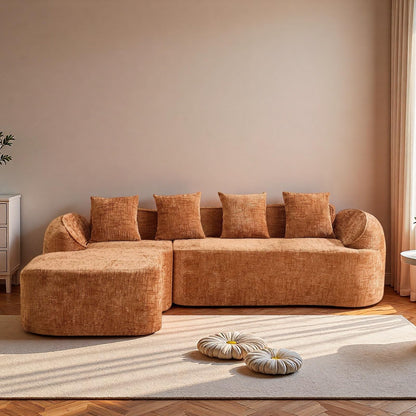Trygoal L Shaped Compression Sofa, Modular Couch with Curved Armrests & 4 Coordinating Pillows, Modern 101'' Chenille 4 Seater Sofa with Wide Seat for Living Room, Bedroom, No Assembly, Orange