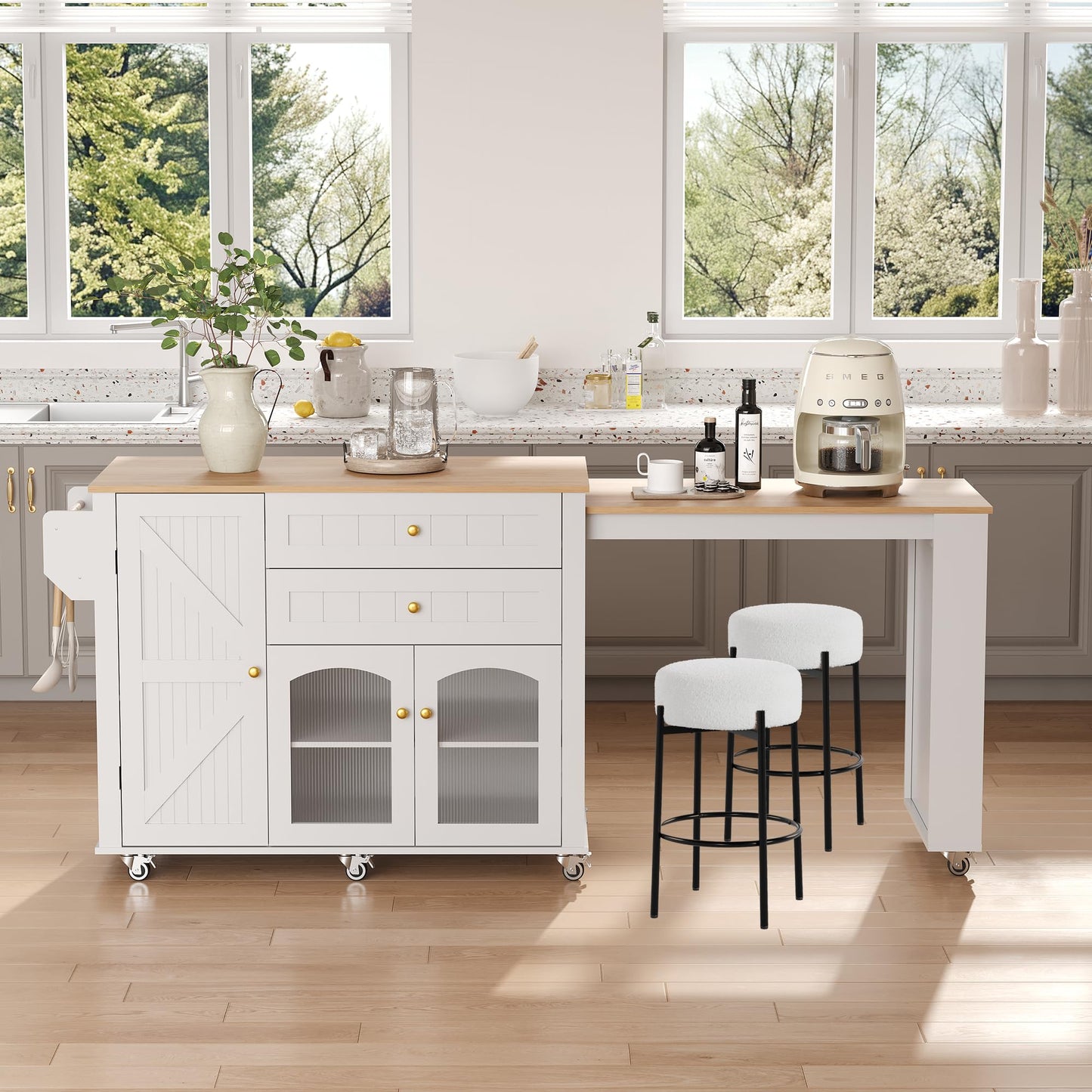 Garvee 78.3” Rolling Kitchen Island with Extendable Table, Storage Cabinet, Drawers & Shelves, White Modern Mobile Island Cart on Wheels, Island Table with Seating for Kitchen, Dining Room, Home Bar