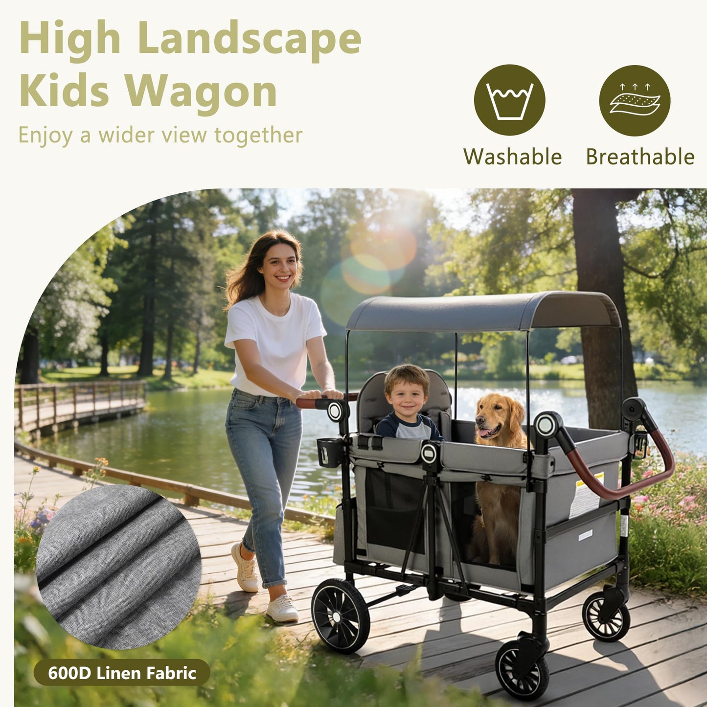 Kinder King Wagon Stroller for 4 Kids, All-Terrain Foldable Outdoor Stroller Wagon 4 Seater, Removable Canopy, Adjustable Handle, Detachable Tray, Large Storage, Grey