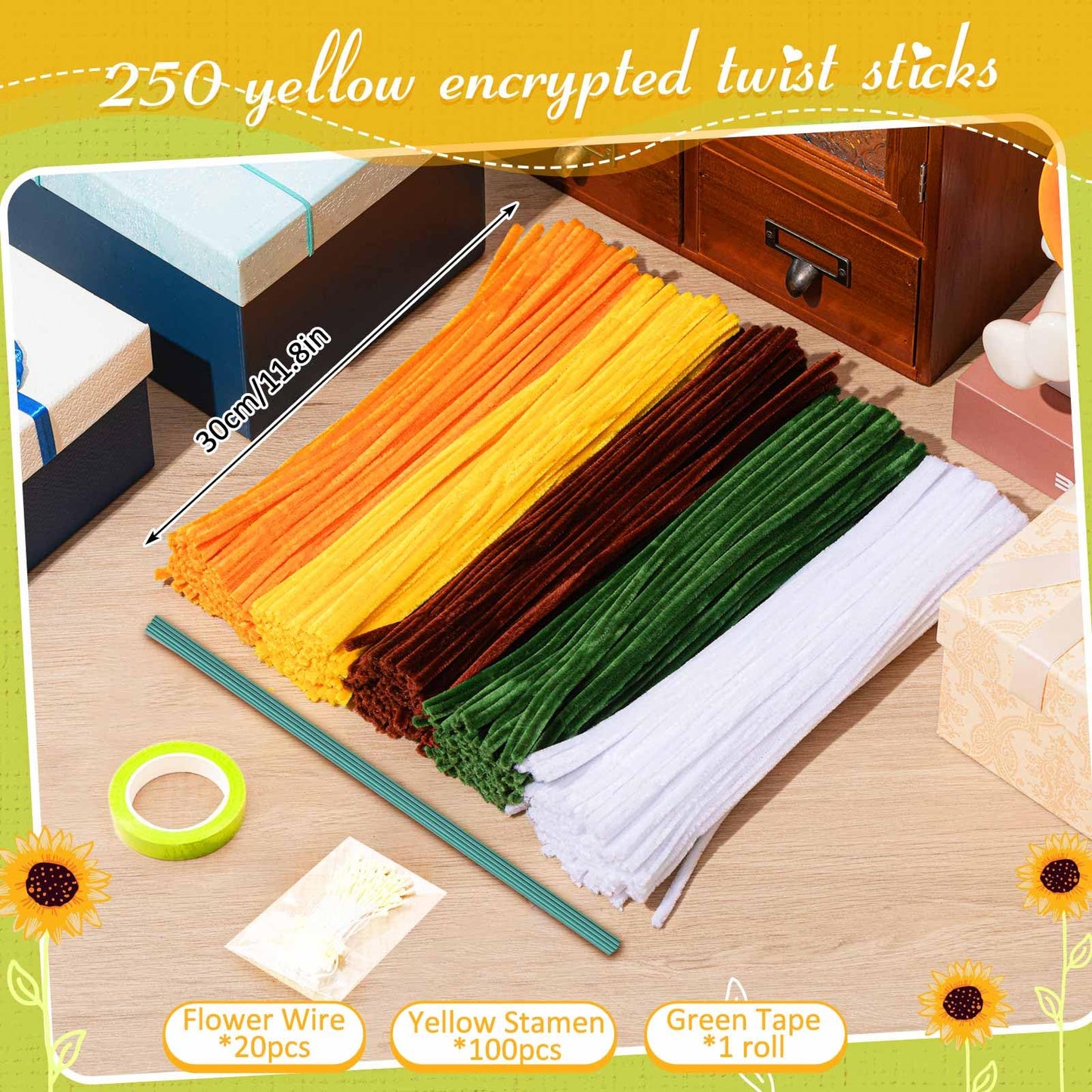 Peryiter 371 Pcs Pipe Cleaners Flowers Kit, Pipe Cleaners Chenille Stems Bulk with Floral Wire Gardening Tape Stamen, Fluffy Limpiapipas para Flores for DIY Mother's Day Decor(Orange)