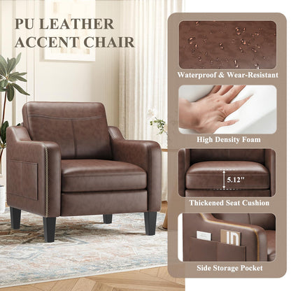 MALOL PU Leather Accent Chair Set of 2, Mid-Century Modern Living Room Armchair Sofa with Removable Cushions & Stitched Armrest Design, Bedroom Chair with Plastic Legs, Chocolate Brown