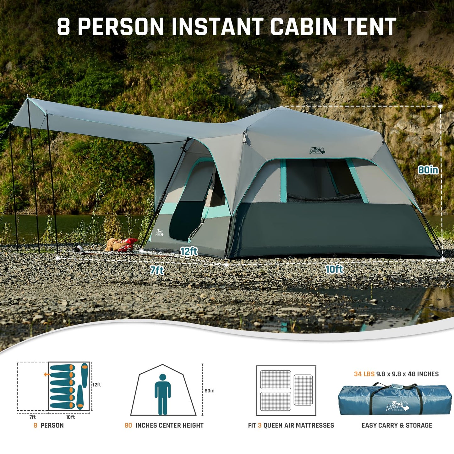 Camping Tent, Instant Cabin Tents for Camping, 8-Person Family Tent, Easy Setup in 60 Seconds with Porch, Large Waterproof Tents for Outdoor Camping, 5 Mesh Windows, Upgraded Ventilation (Green)