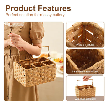 Laveduso Wicker Utensil Caddy – Tabletop Utensil & Silverware Organizer with Handle, Multi-Use Cutlery and Condiment Holder, Kitchen Countertop Basket, Ideal for Parties, Picnics & Buffets