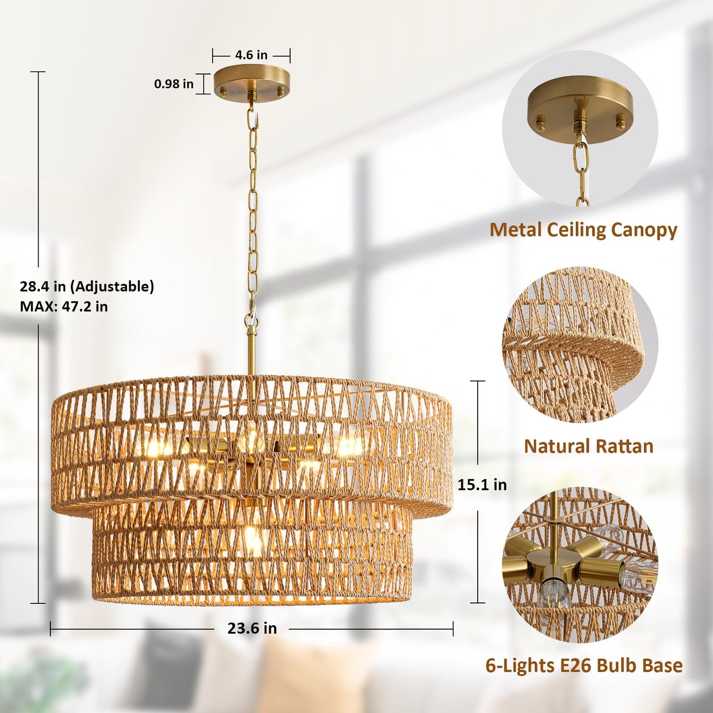 23.6" Boho Rattan Chandelier, 6-Light Large Rattan Pendant Light with 2-Tier Wicker Shade, Bohemian Farmhouse Ceiling Light Fixture Chandelier for Dining Room, Living Room, Bedroom, Kitchen Island