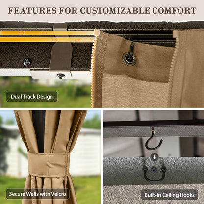 EAGLE PEAK 12x18 Hardtop Gazebo, Galvanized Steel Double Roof with Aluminum Frame, Outdoor Pavilion with Netting and Curtains for Patio, Deck, Lawn and Garden, Dark Brown/Tan