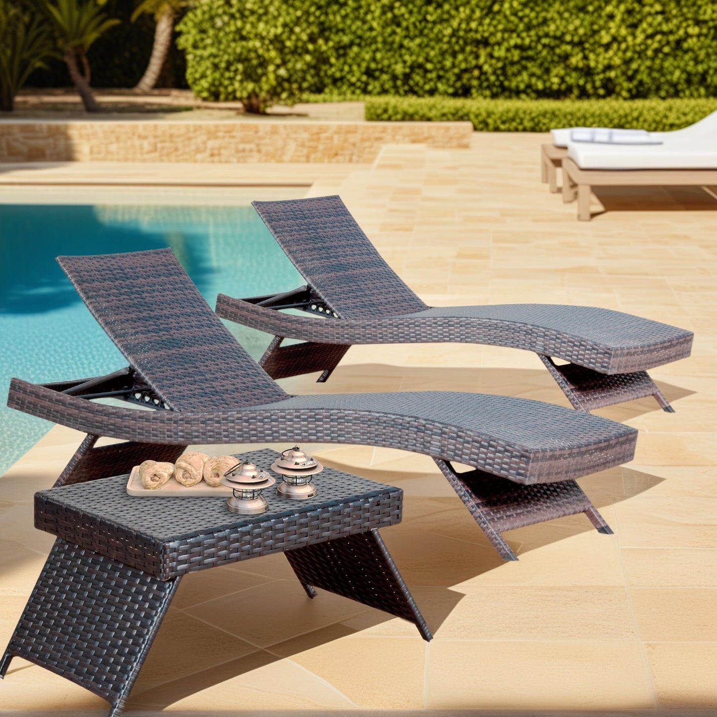 Asifom Outdoor Wicker Reclining Lounge Chairs Patio Rattan Chaise Lawn Sunbathing Chairs 79" Long Reclining Chairs, Set of 2 Chaise Longues + 1 Coffee Table