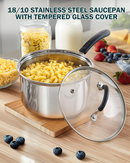Cook N Home 02655 Professional Double Boiler Saucepan 2-Quart, 18-10 Stainless Steel Steam Melting Pot for Butter Chocolate Cheese, Tempered Glass Lid, Silver