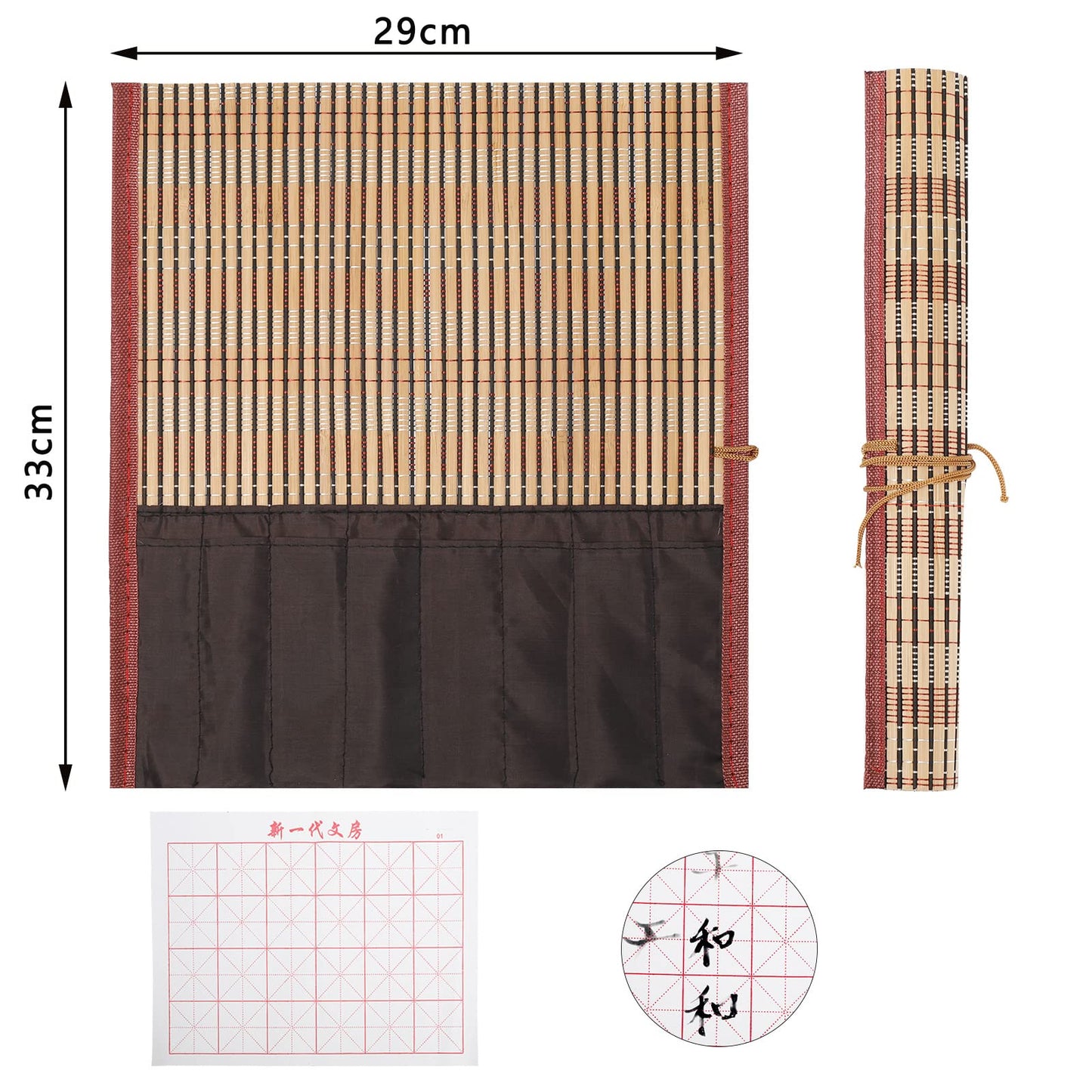 Whaline 18Pcs Chinese Calligraphy Brushes Set with Writing Paper Roll-up Brush Holder Shanlian Hubi Writing Brush Kanji Japanese Sumi Drawing Brushes for Watercolor Art Ceramic Ink Painting