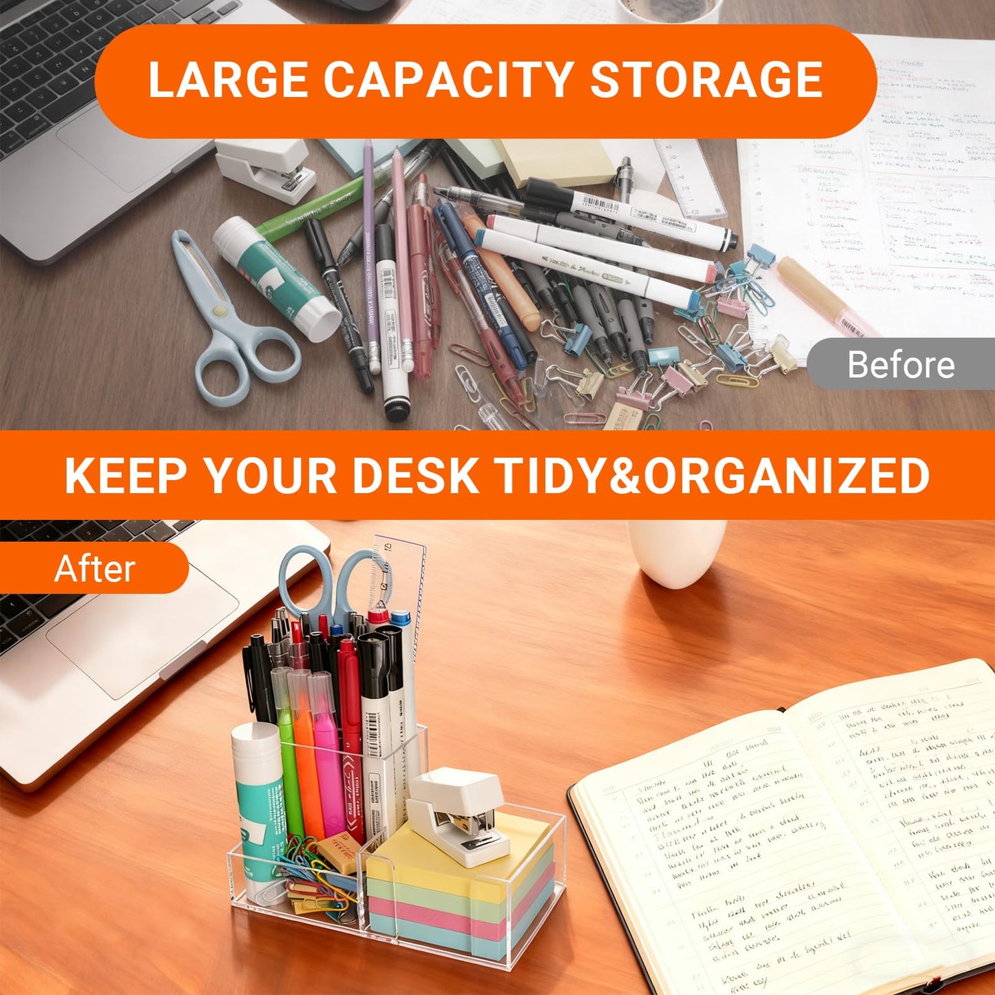 Pen Holder for Desk Clear Pencil Holder with Sticky Notes Holder Acrylic 3 Compartments Desk Organizer Office Desk Accessories for Office, School, Home, Makeup Brush Holder for Bedroom Bathroom