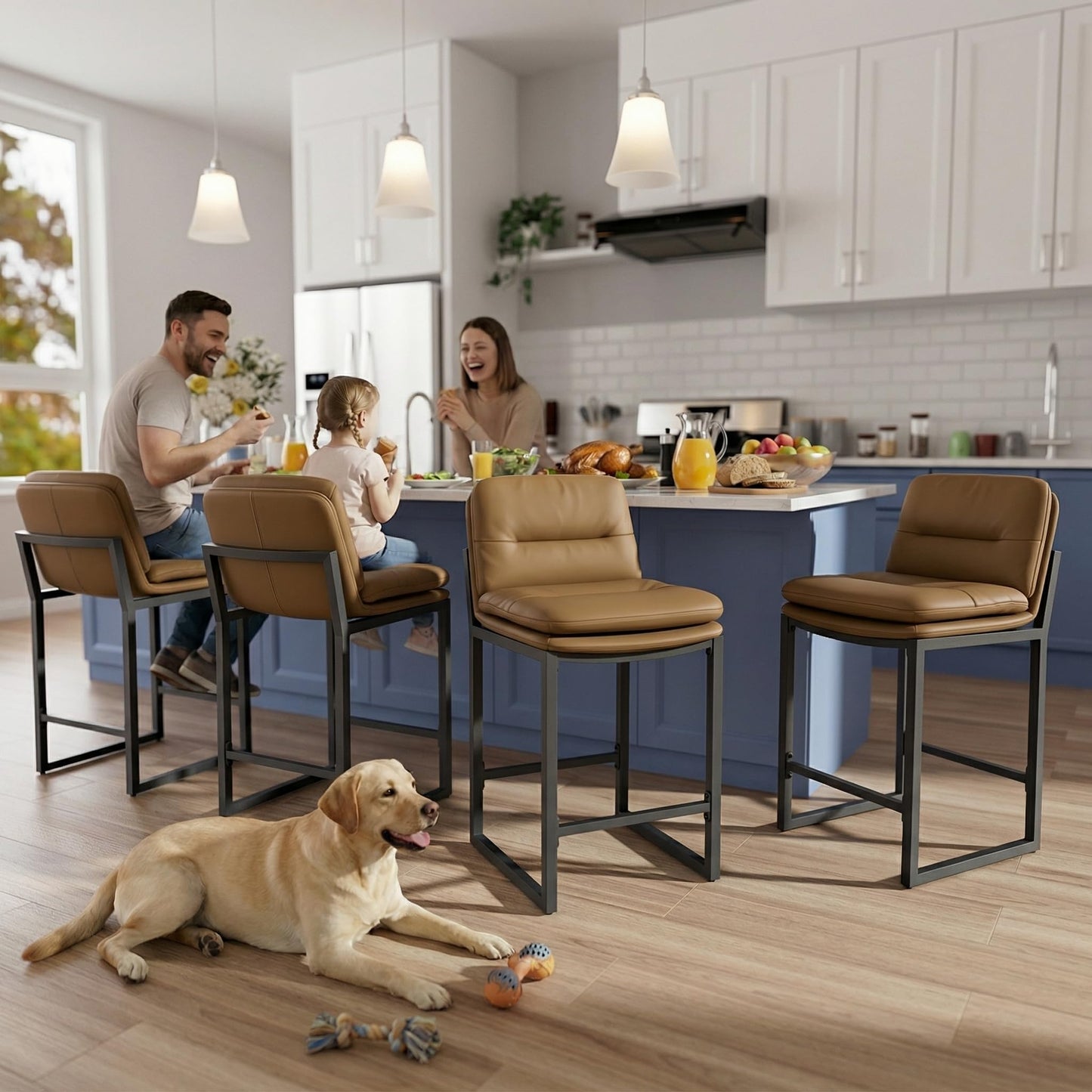 Sucrever Brown Bar Stools Set of 4, 24 inch Leather Counter Stools with Backs and Metal Frame, Counter Height Bar Stools for Kitchen Island