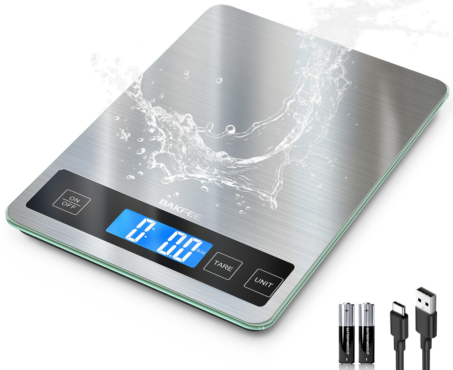 BakFee Food Scale, 33lb Digital Kitchen Scale with Stainless Steel & Tempered Glass, USB Rechargeable, 1g/0.05oz Precise Weighing, Splash-Resistant and Sturdy Surface, for Cooking, Baking, Weight Loss