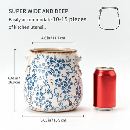 Utensil Holder for Kitchen Counter, Modern Farmhouse Rustic Cooking Utensil Holder and Crock, Exquisite Chinoiserie Floral Ceramic Utensil Organizer for Home Kitchen Decor- Blue and White Porcelain