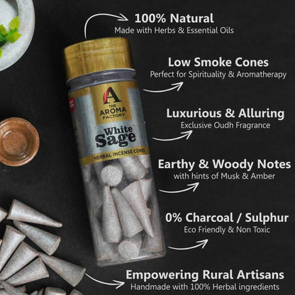 The Aroma Factory Incense Dhoop Cone White Sage (100% Herbal Leaves Healing & 0% Charcoal) 1 Bottle x 30 Cones