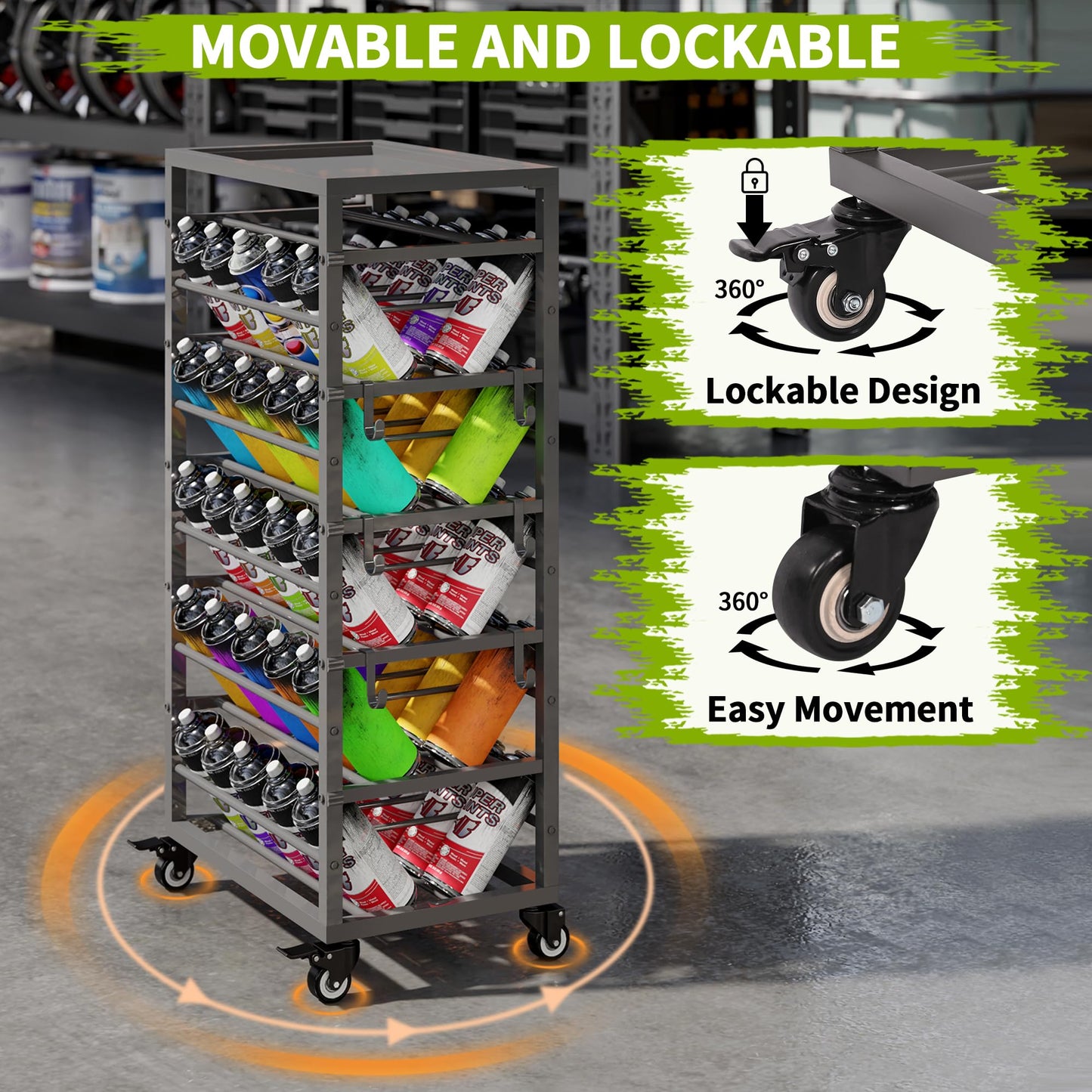 yeshine 50 Can Spray Paint Storage Rack, Rolling Aerosol Storage Cart, Metal Spray Bottle or Lube Holder, Aerosol Can Holder Rack, Paint Bottle Organizer for Garage And Craft Workroom