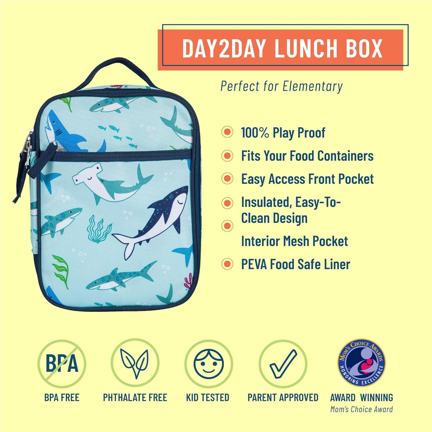 Wildkin Day2Day Kids Lunch Box, Insulated & Easy Access for School & Travel - Shark Attack