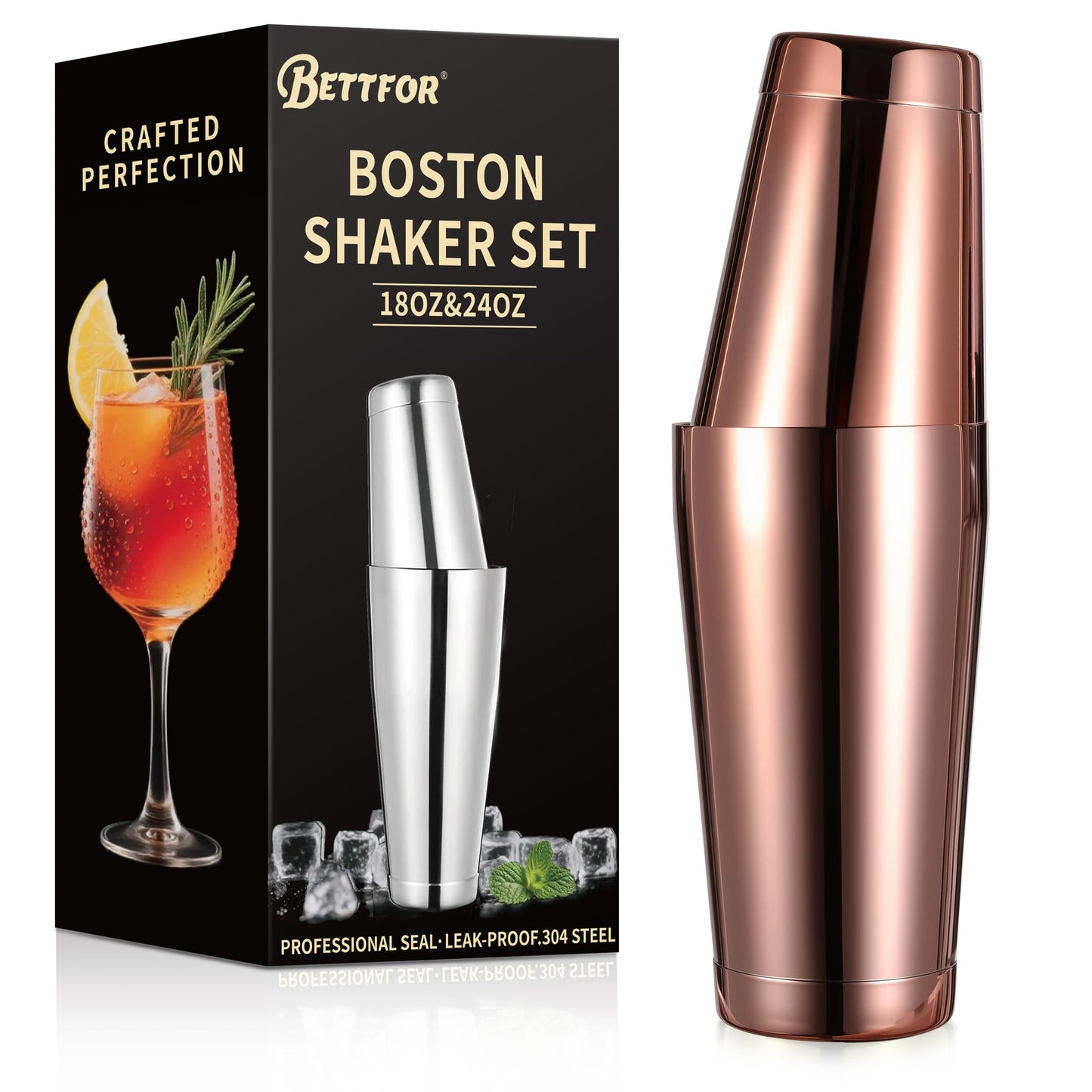 BETTFOR Boston Shaker Set, 18oz & 28oz 2-Piece Tins, Professional 304 Stainless Steel Cocktail Shaker with Leak-Proof Weighted Base for Bartending, Home & Bar Use (RoseGold)