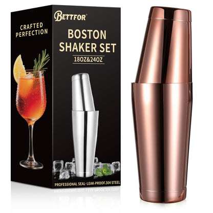 BETTFOR Boston Shaker Set, 18oz & 28oz 2-Piece Tins, Professional 304 Stainless Steel Cocktail Shaker with Leak-Proof Weighted Base for Bartending, Home & Bar Use (RoseGold)