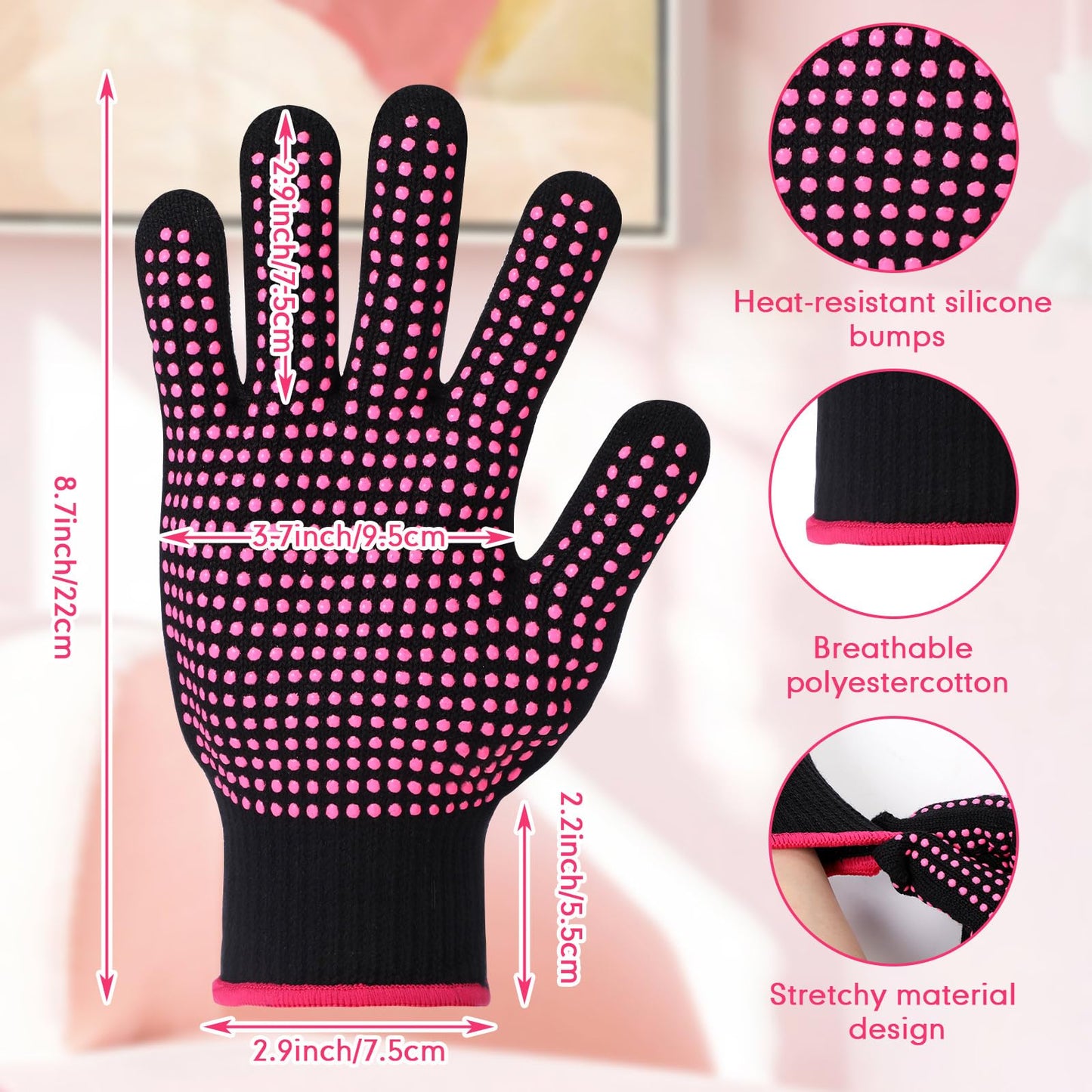 Riyiper 3 Pairs Heat Resistant Gloves for Sublimation, Gloves for Heat Press with Silicone Bumps Applies to Resistant Work, Hair Styling, Universal Fit Size (Pink)
