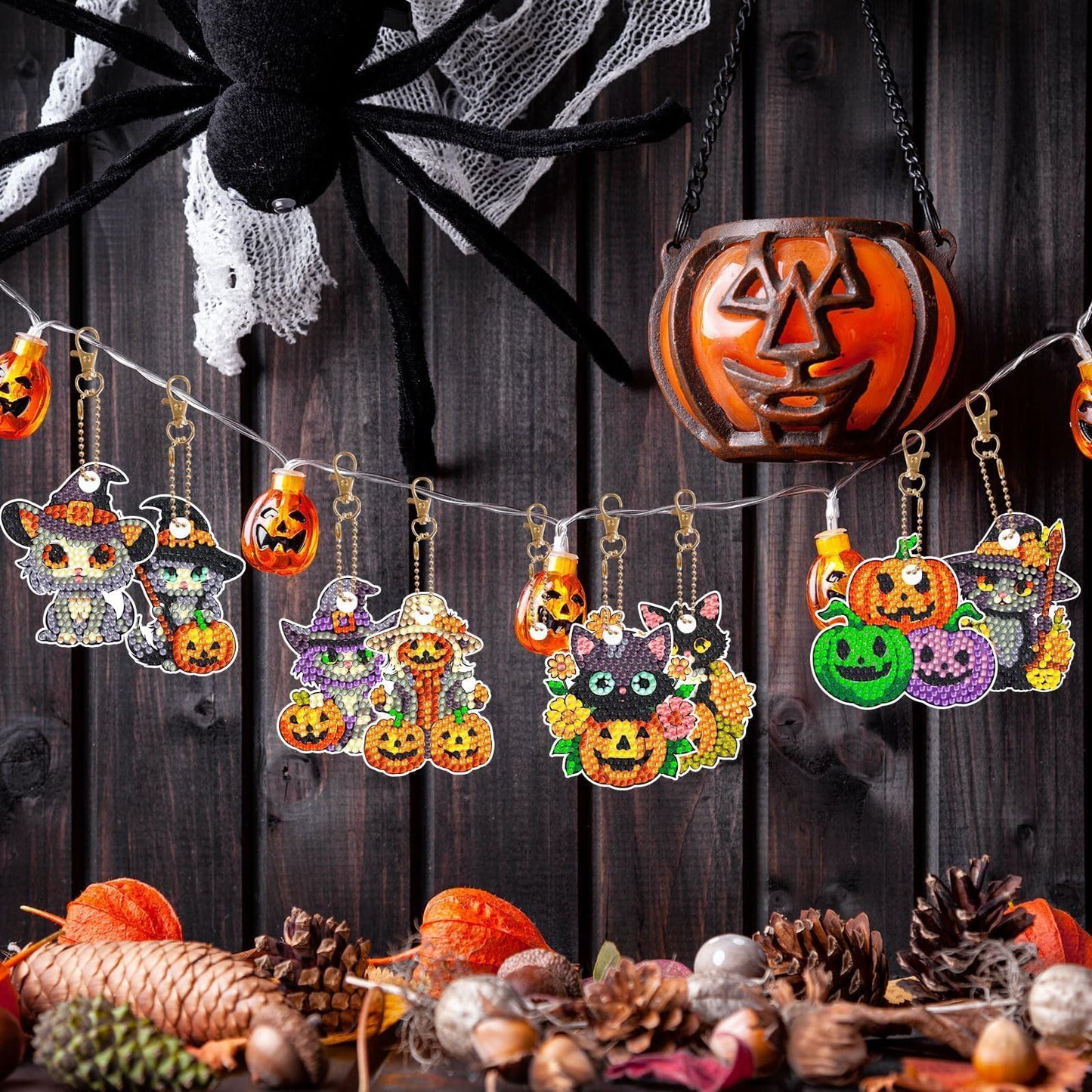 12 Pcs Halloween Cat Diamond Keychains Kit Double Sided DIY Cute Halloween Cat Diamond Keychains for Beginners Adults Art Craft Supplies Holiday Gift