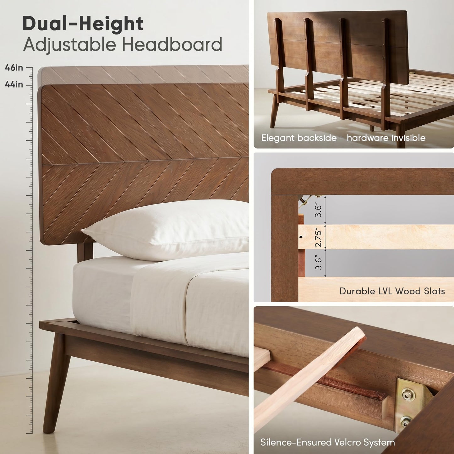 AllForWood Loki Solid Wood Bed Frame King, Premium Platform Bed with Chevron Headboard Design and Wood Slat Support, Easy Assembly, No Box Spring Needed, Mid-Century Modern Minimalist Styles (Walnut)
