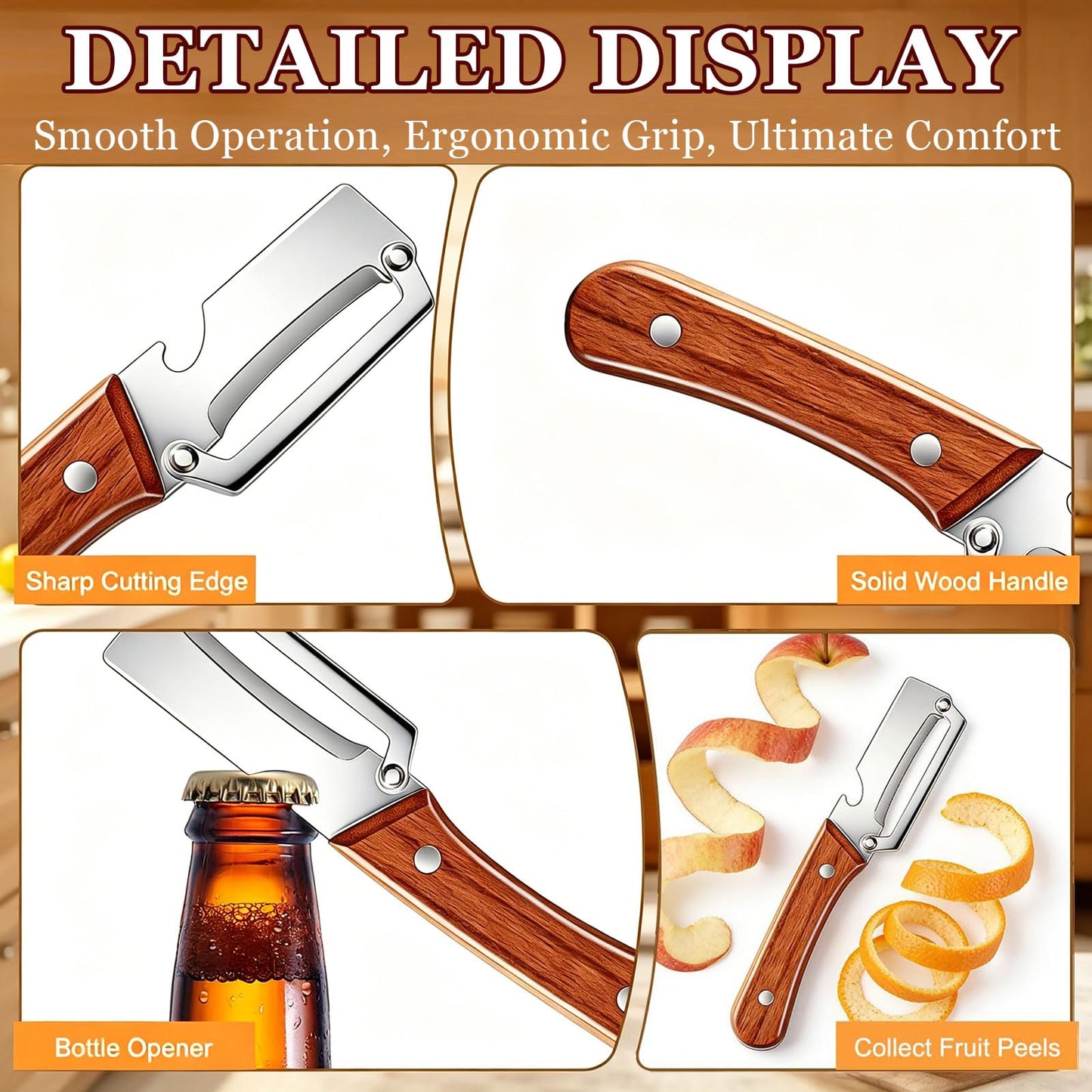 2 Pack 2 in 1 Multifunctional Vegetable Peeler, Sharp Stainless Steel Blade, Wooden Handle & Bottle Opener, Non-Slip Ergonomic Tool for Potato, Apple, Carrot, Pumpkin, Pineapple, Papaya, Zucchini