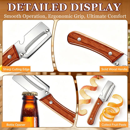 2 Pack 2 in 1 Multifunctional Vegetable Peeler, Sharp Stainless Steel Blade, Wooden Handle & Bottle Opener, Non-Slip Ergonomic Tool for Potato, Apple, Carrot, Pumpkin, Pineapple, Papaya, Zucchini
