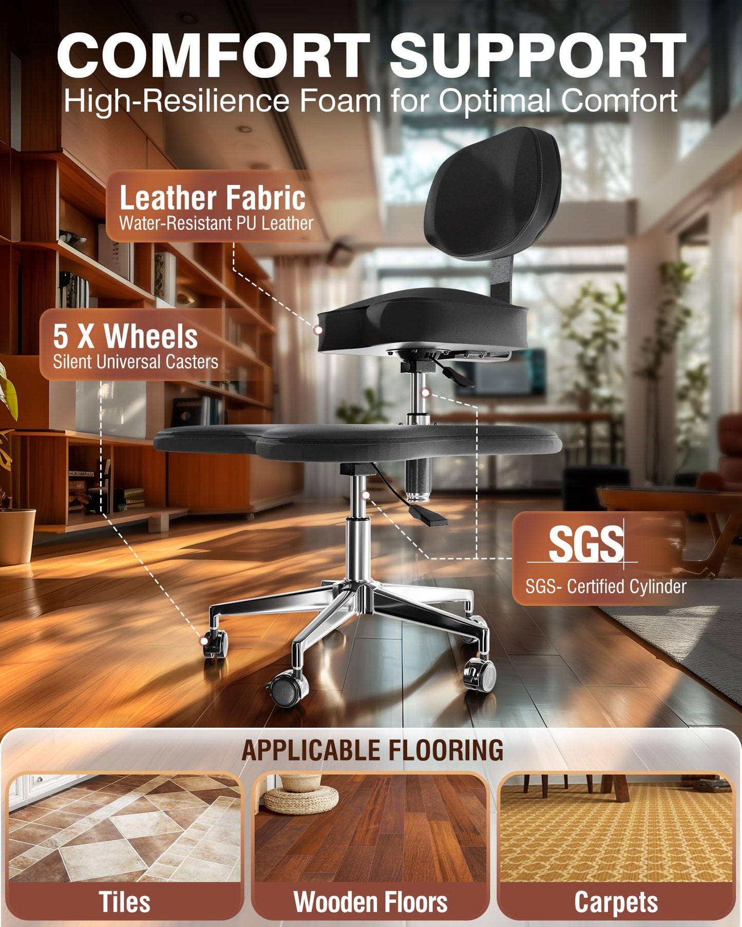 PYY ADHD Chairs for Adults - Meditation Cross Legged Office Chair with Wheels, Ergonomic Squatting Kneeling Fidget Chair with Lumbar Back Support Adjustable Height for Home Office