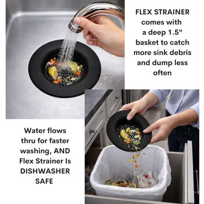 Flex Strainer® Sink Drain Strainer with Optional Stopper – No Center Stem, Fits Standard 3½” Sink Drains & Disposals – Easy Clean, Dishwasher Safe – Made in USA – Black, 2-Pack