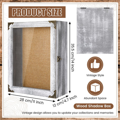Cinnvoice 11x14 Inch Shadow Box Depth 4.7in Shadow Boxes Display Cases with Cork Board Backing Rustic Burnt Wood Box for Flowers Bouquet Wedding Picture Photo and Keepsake(Grey)