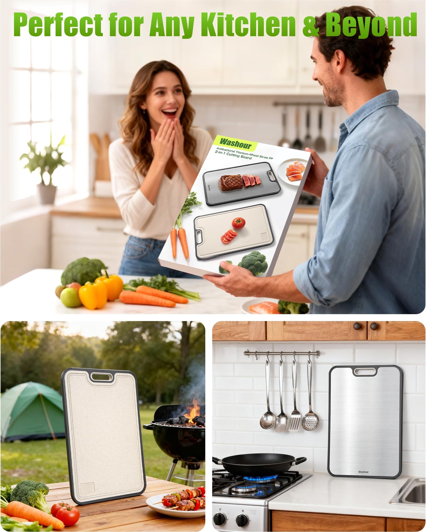 Washour Titanium Cutting Boards for Kitchen, Non Toxic 2-in-1 Cutting Board Double Sided, Food Grade Chopping Boards for Fresh Meat Vegetable, Easy to Clean Large Size 16”×11”