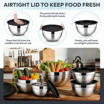 E-far Mixing Bowls With Lids Sets of 5, 10-Piece Stainless Steel Salad Metal Nesting Bowl for Baking Cooking and Prepping, Airtight Lid & Stackable Design, Size 4.6, 3, 2.1, 1.5, 0.7 QT, Black