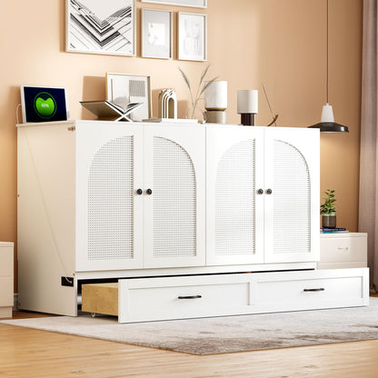 Ball & Cast Murphy Bed Queen Size Bedroom Folding Wall Cabinets Frame with Large Drawer and USB Ports,Hideaway Bed w/Tri-Fold Mattress Design,for Guest Room,Study,Office,White