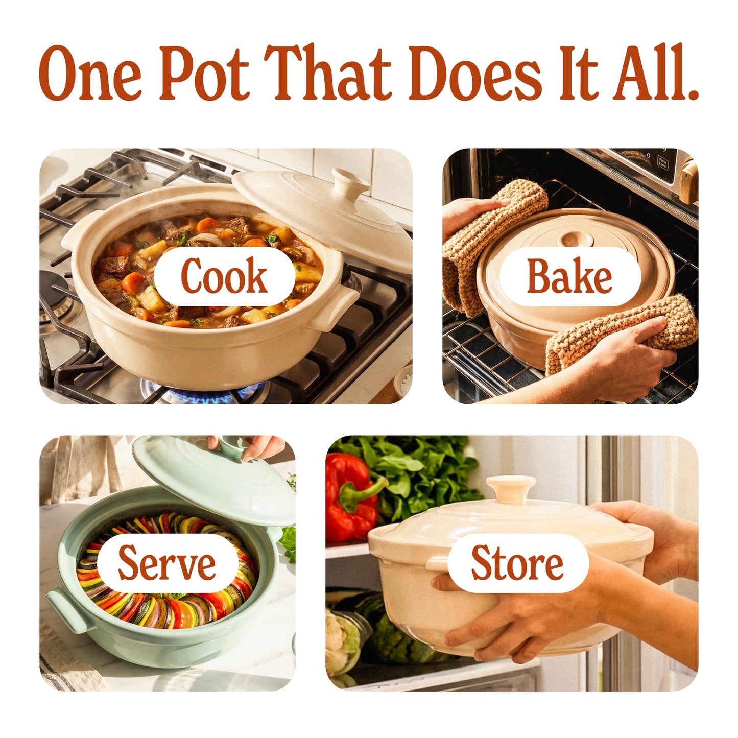 Magnifique 5 Quart Flami Pot with Lid, Natural Clay Pot for Cooking, Non-Toxic PFAS-Free Ceramic Casserole Dish for Oven & Stovetop, Dutch Oven Style for Slow Cooking, Baking & Serving, Brown Sugar