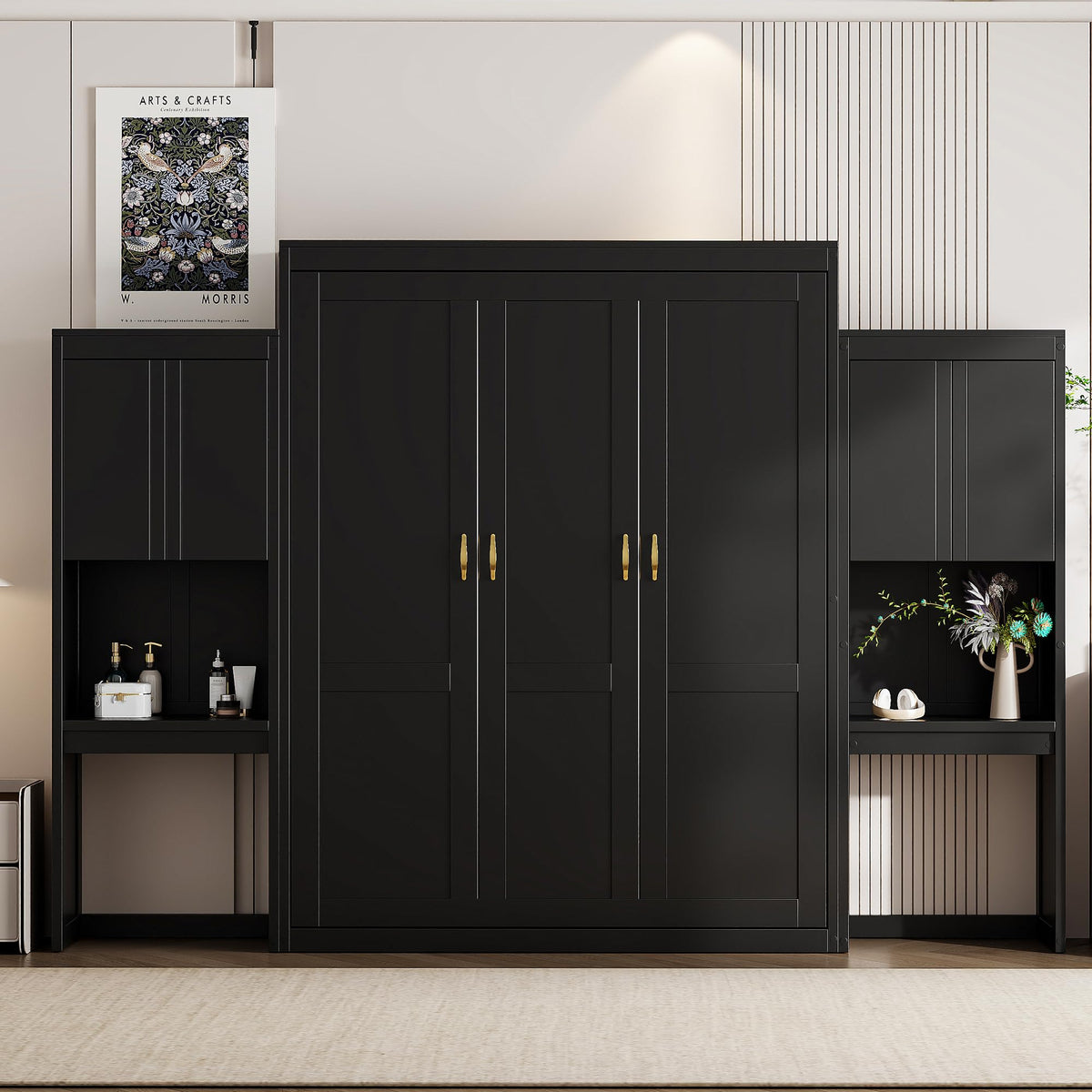 Ball & Cast Murphy Bed Queen Size,Wood Storage Hide Cabinet Wall Beds with Desk and Vanity,Space-Saving Bedroom Furniture w/Cabinets & Mirror,can be Folded for Home Office,Study,Guest Room,Espresso