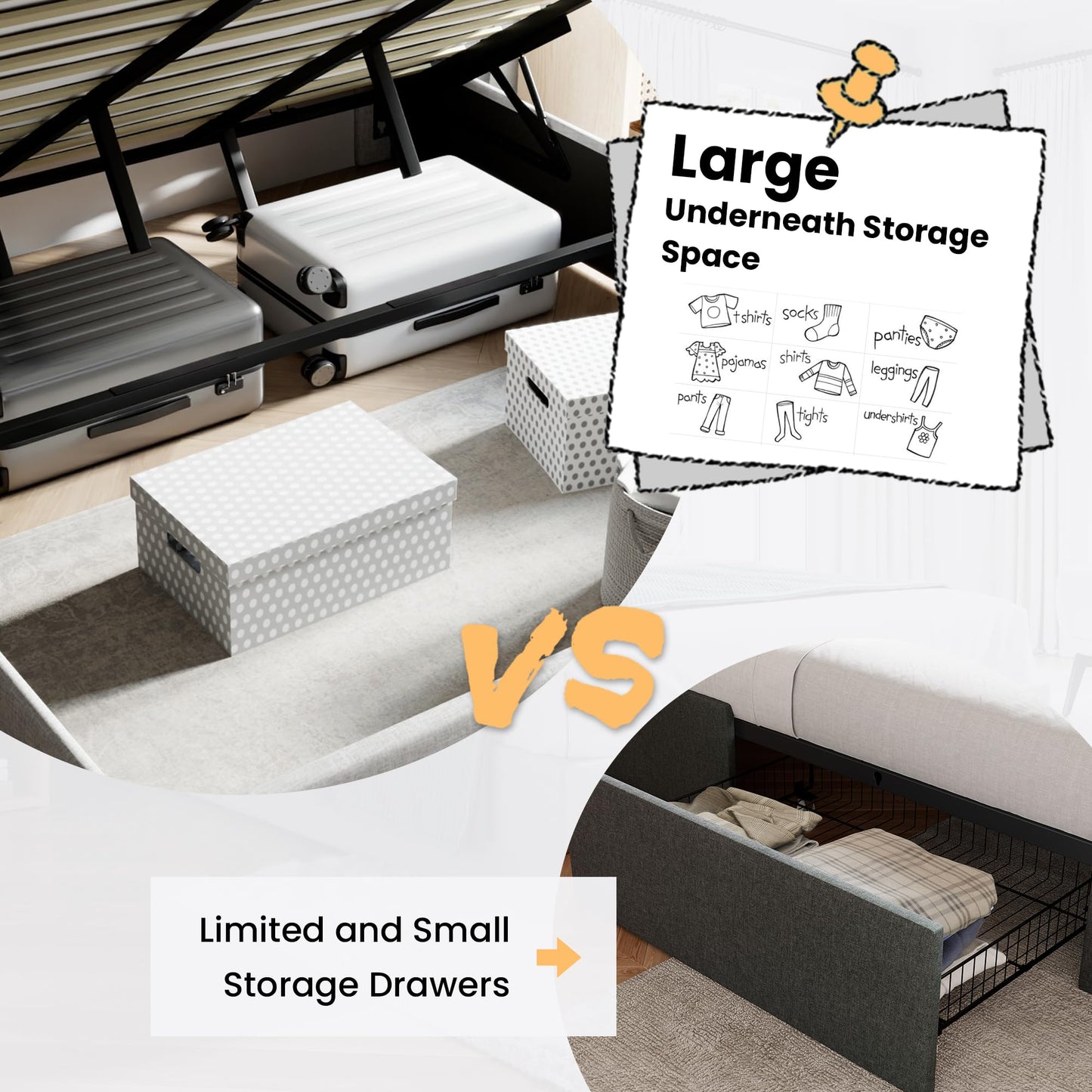 SHA CERLIN King Size Lift Up Storage Bed Frame,Button Tufted Wingback Headboard,Upholstered Platform,Hydraulic Storage,Wooden Slat Support,No Box Spring,Light Beige
