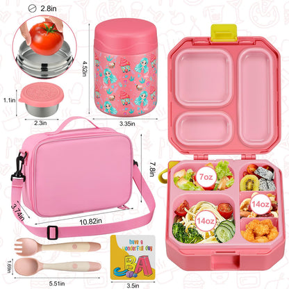 wiwens Bento Lunch Box for Kids with 12oz Soup Thermo Leak-Proof Lunch Food Container with 5 Compartment Thermo Hot Food Jar and Insulated Lunch Bag for Kid Toddler Girls Boys to School