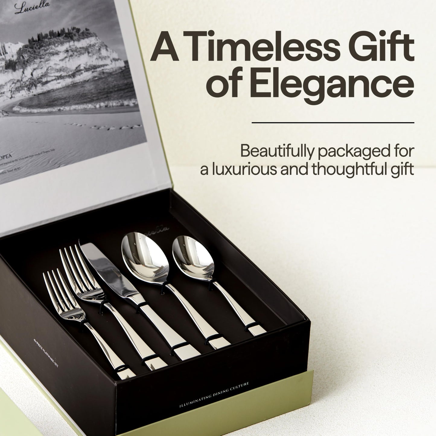 Luciella Tropea Polished Flatware Set for 8, 45-Piece Premium 18/10 Stainless Steel Silverware Set with Serving Utensils, Modern Mirror Finish, Rust Resistant, Dishwasher Safe, House Warming Gifts