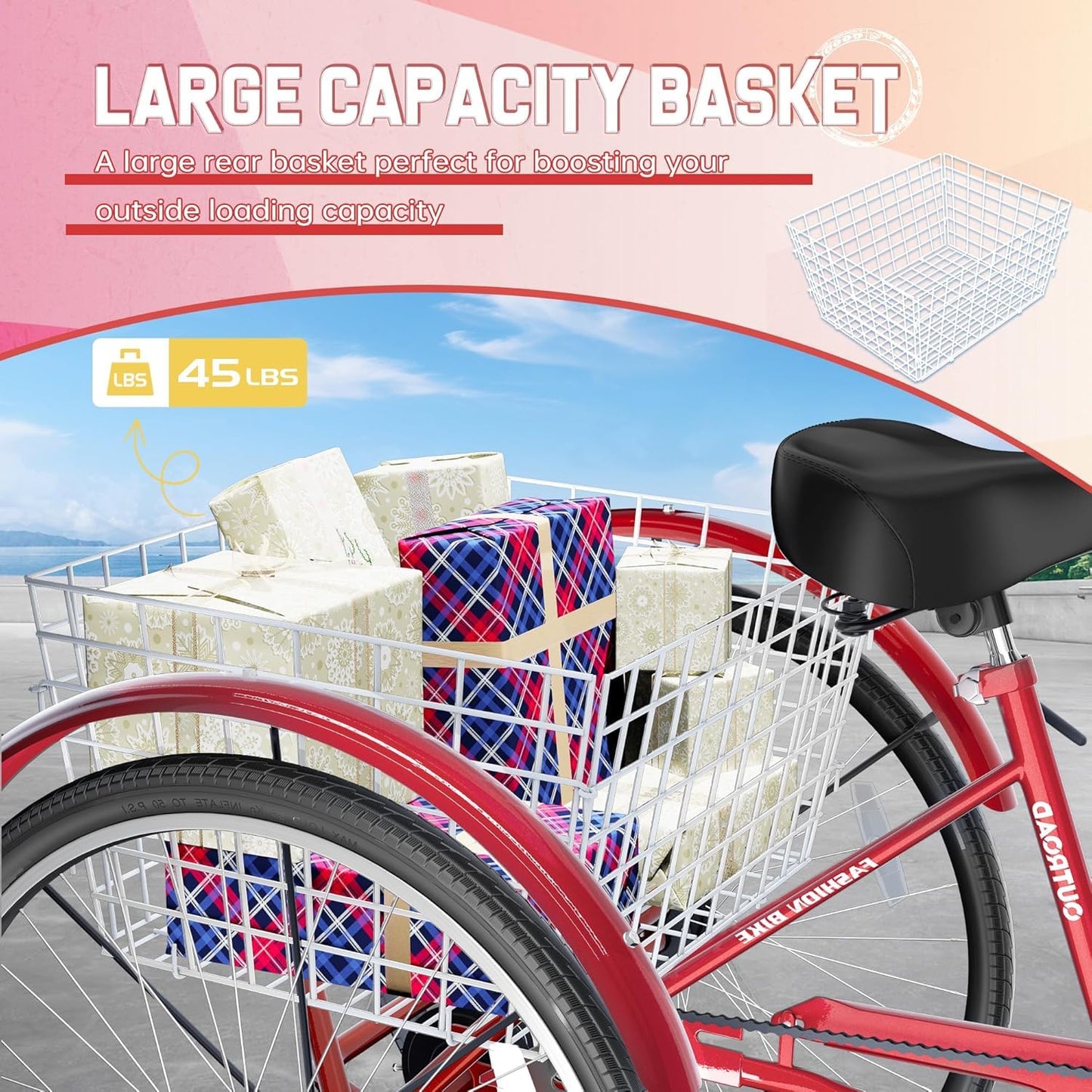 Brightpeak 24-Inch Adult Tricycle with 7 Speeds & Large Rear Basket, Perfect for Seniors & Leisurely Outings (Red)