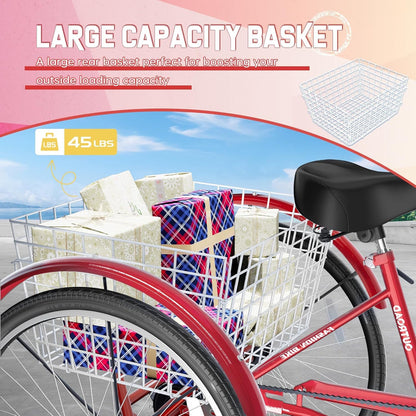Brightpeak 24-Inch Adult Tricycle with 7 Speeds & Large Rear Basket, Perfect for Seniors & Leisurely Outings (Red)