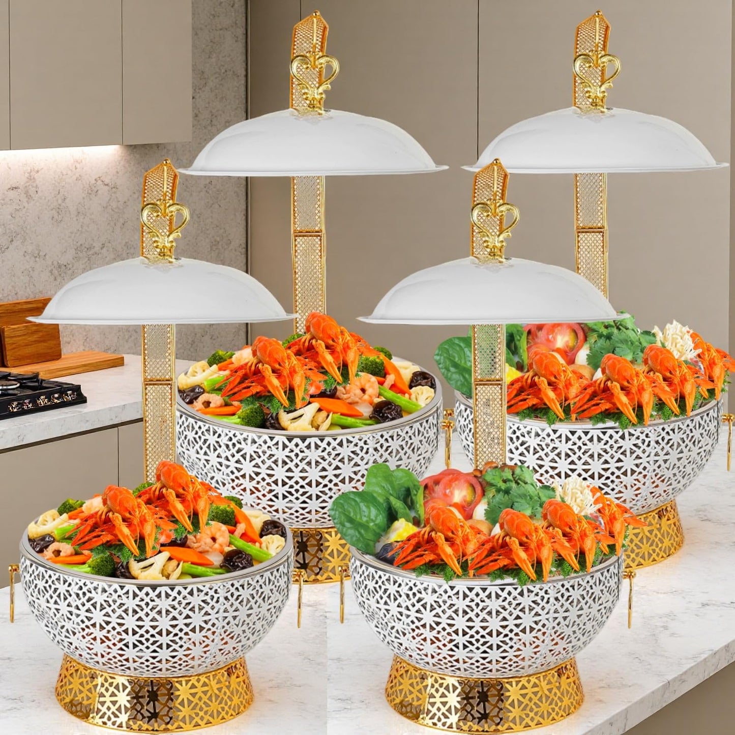 8QT White Chafing Dishes for Buffet 4 Pack, Round Stainless Steel Luxury Food Warmer for Parties Buffet, Elegant Hollow-Out Buffet Warmer for Hotel, Weddings, Home Parties, Christmas Gatherings (4)