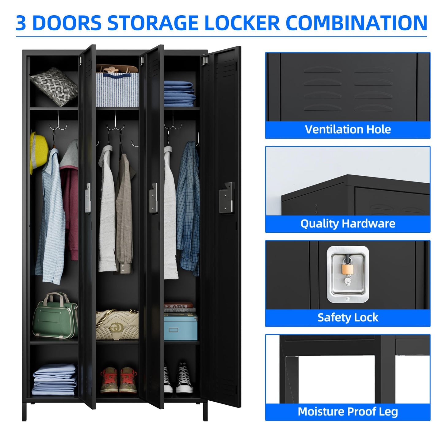 METALYEYE 3 Doors Metal Storage Lockers for Employees, Industrial Steel Locker with 9 Hooks for Gym,School,Garage,Office,Assembly Required,Black