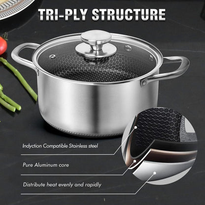 AuFranc™ Hybrid Nonstick 6 Quart Stainless Steel Stockpot with Glass Lid, Induction Stock Pot with Honeycomb Carving, Non-stick Soup Pot Compatible with All Cooktops, Non-Toxic, Dishwasher & Oven Safe