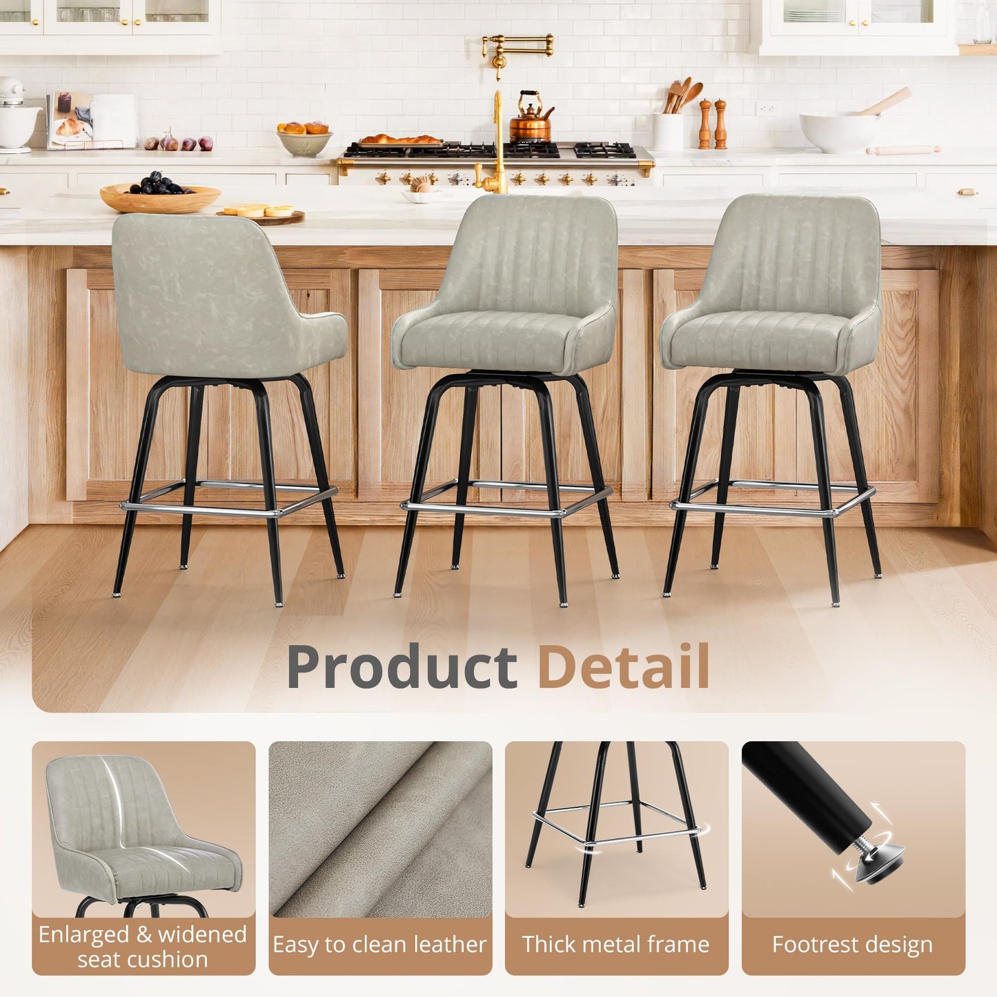 LUE BONA Counter Height Bar Stools Set of 3, 26" H Modern Barstools with Backs, Metal Frames and LightGrey Faux Leather Upholstered Accent Bar Stools for Kitchen Island