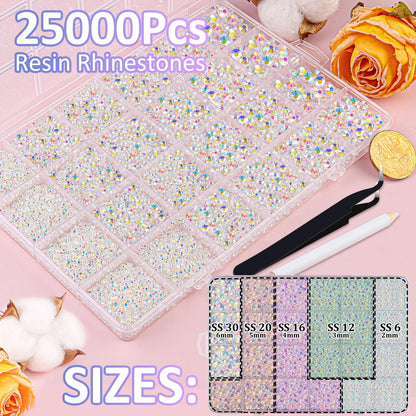 25000Pcs Resin Rhinestones for Crafting, Transparent AB 2-6mm Mixed Sizes Non Hotfix Flatback Gems with 1Pcs Glue, Bedazzling Crystal for DIY Craft Clothing Mugs Tumblers Shoes Fabric Decor Nail Art