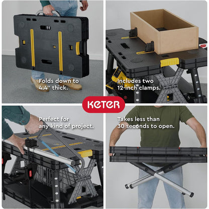 Keter Folding Work Table, Portable Workbench w/ 12" Clamps for Garage/Wood Shop - Heavy-Duty and All-Weather for DIY Home Improvements and Worksites