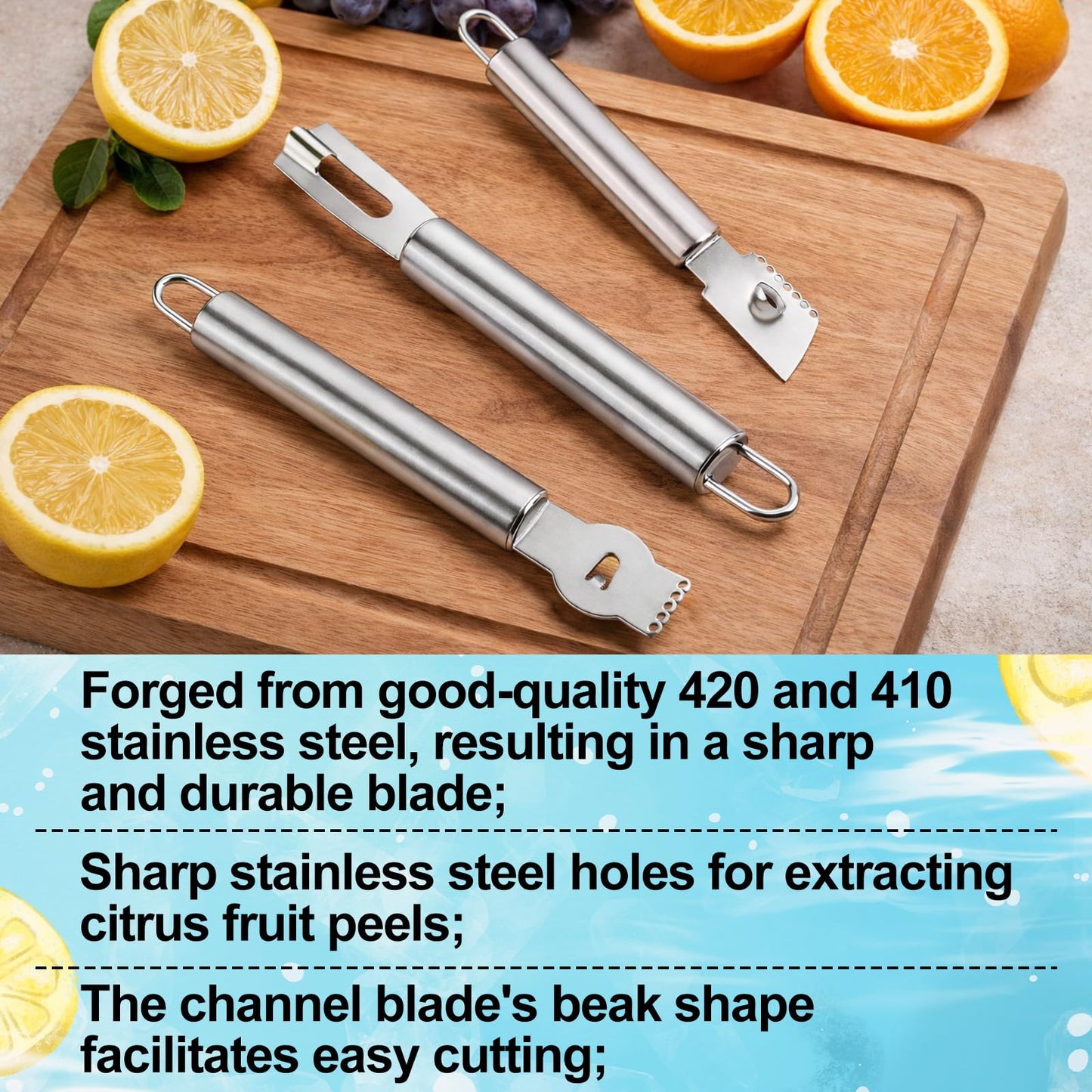 3pcs Lemon Zester, Peeler & Channel Knife Set, Stainless Steel Citrus Fruit Peeler Zester Grater Tool Practical Kitchen Bar Cutter Tool for Cocktail Garnishes Food Presentation