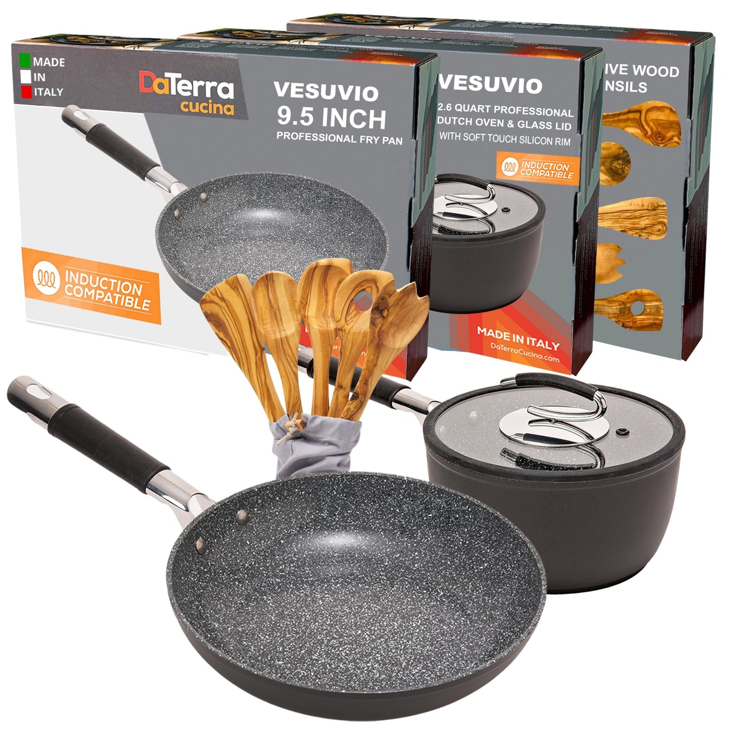 DaTerra Cucina Nonstick Small Chef Bundle – 2.6 Qt Ceramic Saucepan with Lid, 9.5" Frying Pan, 5-Piece Olive Wood Cooking Utensils – Oven Safe, Induction Compatible, PTFE & PFOA Free – Made in Italy
