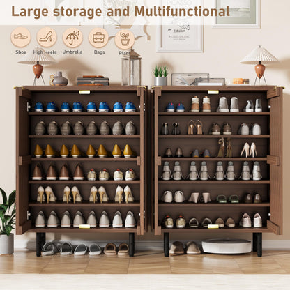 MilleLoom 6-Tier Shoe Cabinet with Doors, Wooden Shoe Storage Cabinet Organizer, Louvered Doors, Freestanding Narrow Entryway & Hallway Shoe Rack, Holds 24 Pairs, Dark Walnut